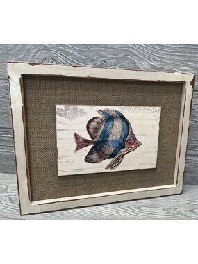 Tim Coffey Tropical Fish Art Framed Wall Picture 12” X 14” Burlap Wood Beach